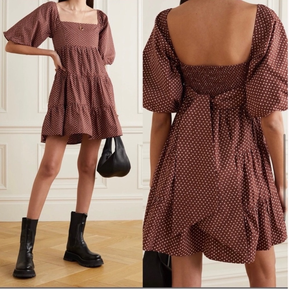 Faithfull The Brand Eryn Brown Polka Dot Puff Sleeve Mini Dress Size M